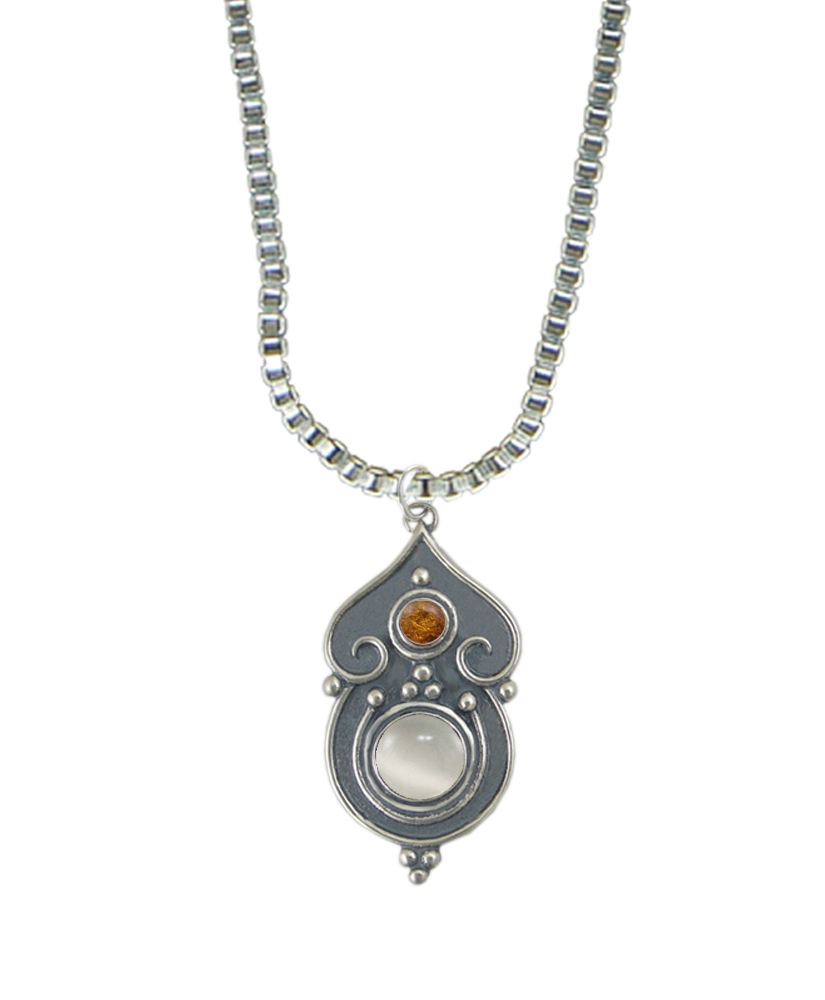 Sterling Silver Necklace White Moonstone And Amber